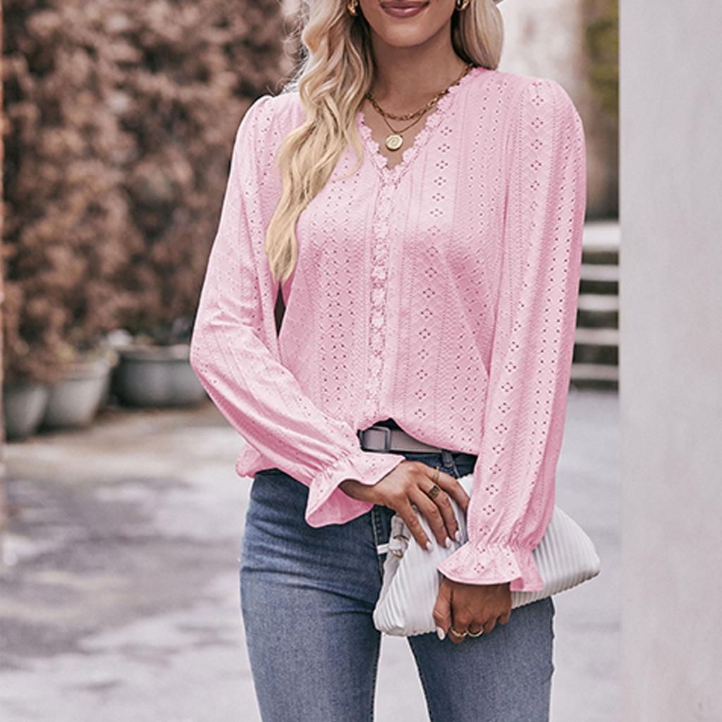 Women's Fashion Solid Color V-neck Long Sleeved Pullover T-shirt Top