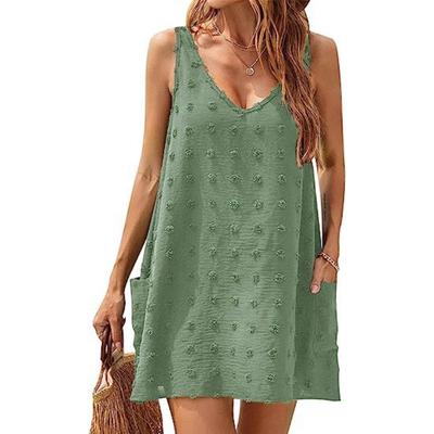 Summer Casual V Neck Women Suspender Seaside Beach Dress Loose Vest with Pockets Dot Casual Simple Fashion Mini Short Dresses Solid Color Clothing