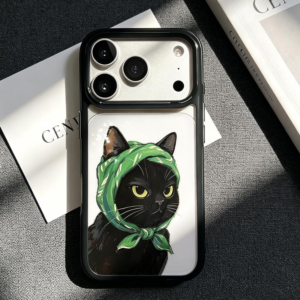 Green Headscarf and Black Cat Are Suitable for iPhone17Pro Mobile Phone Case, Anti-drop Apple 16/15 Transparent Protective Case 14 New Models.