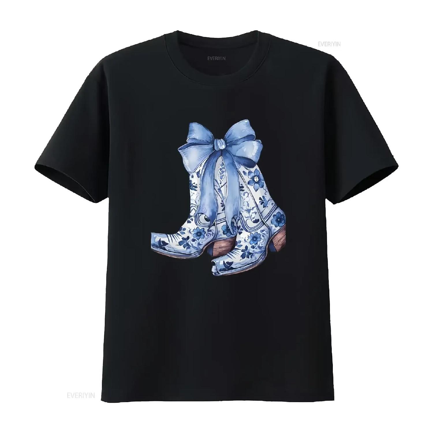 

Blue Toile Cowgirl BooT T Shirt Country Concert Ladies western gift boots vintage Washed Stretched Versatile streetwear S чёрный