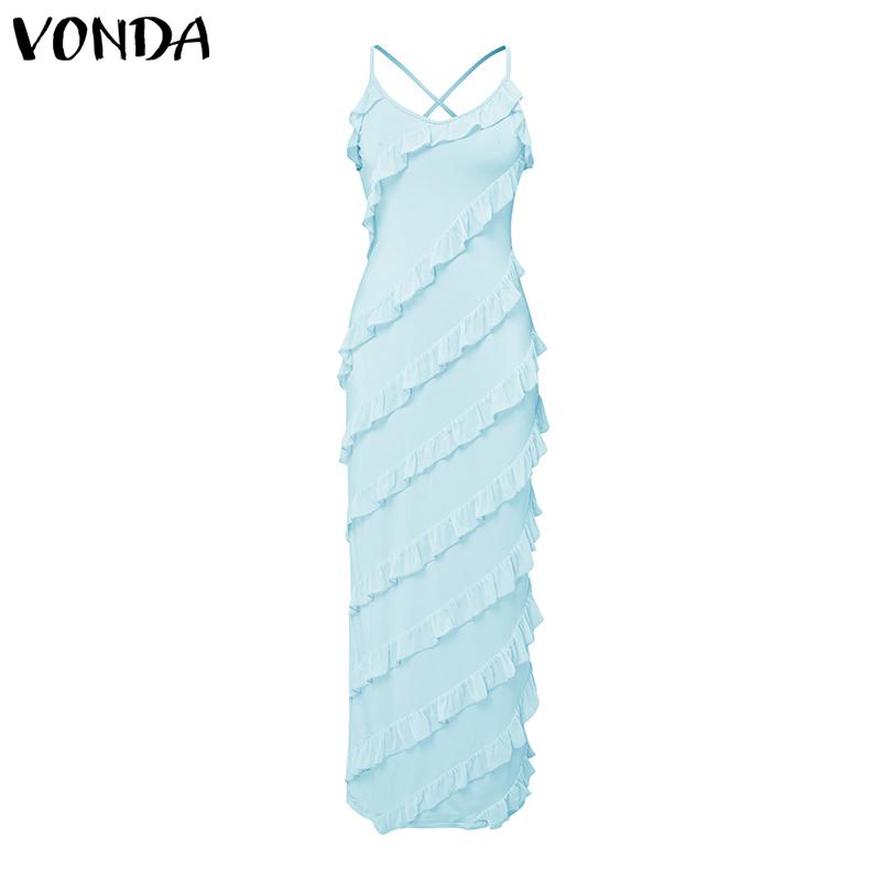 VONDA Women Sling Sleeveless Front Ruffled Thin Bodycon Long Party Dress