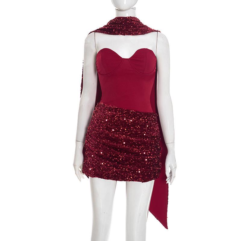European Style Women s One-Shoulder Asymmetrical Draped Bodycon Mini Dress M вино красного