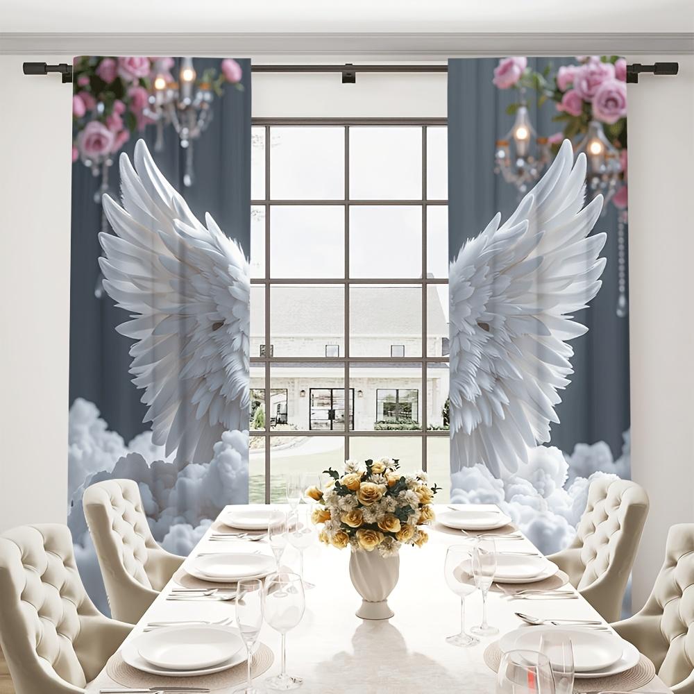 2pcs Angel Wings Print Curtains in White & Pink – Polyester Sheer with Rod Pocket for Bedroom & Study Decor