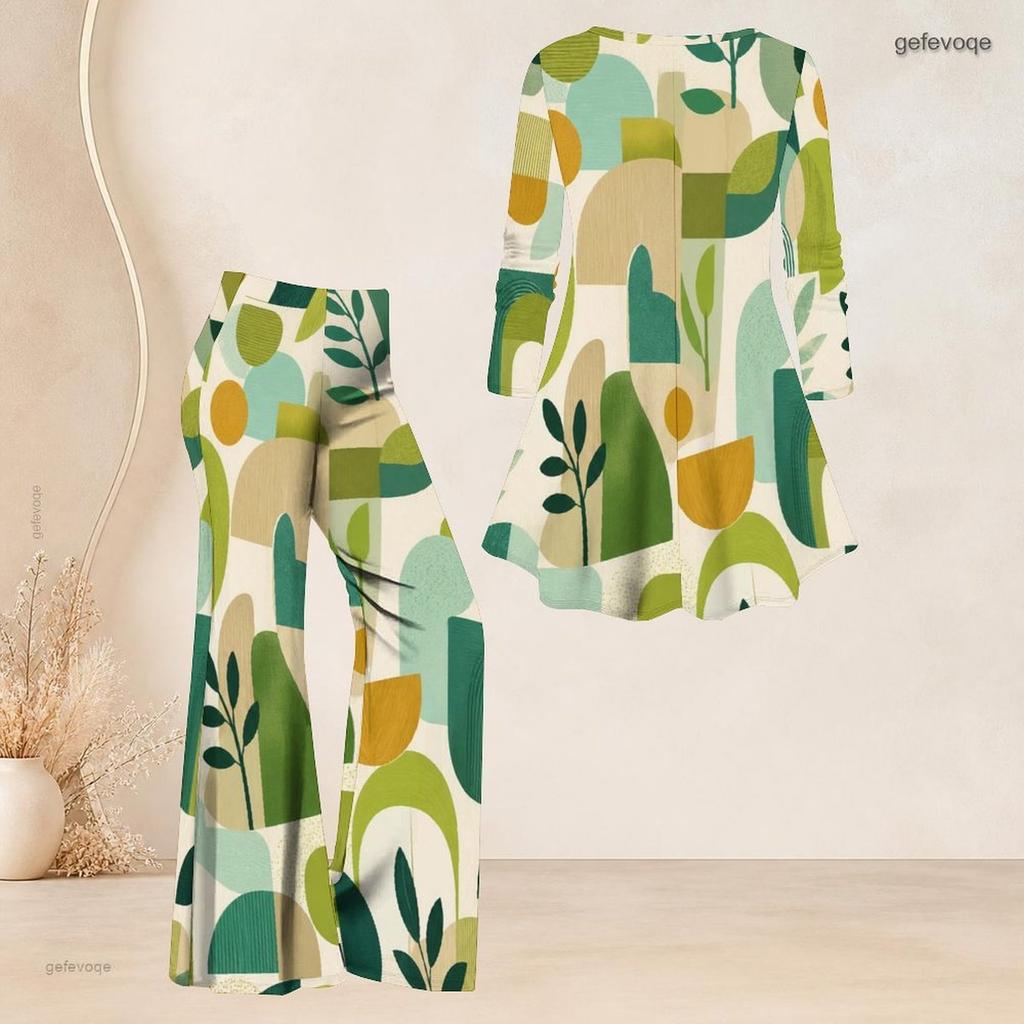 Women Plus Size Round Neck Three Quarter Sleeve Printed Flared Top And Flared Pants Two Piece Set