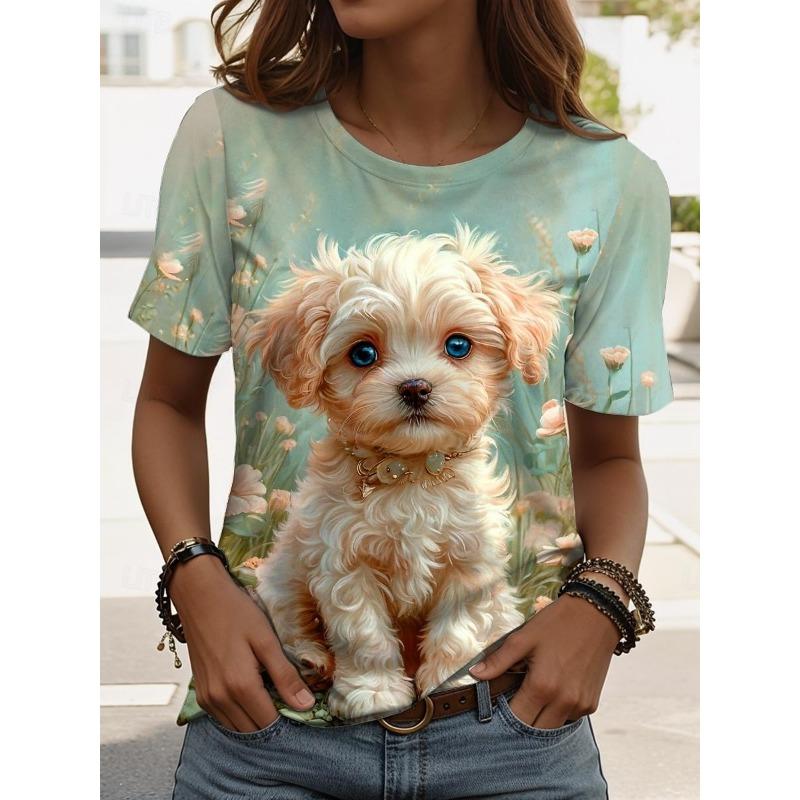 3D Printed Cute Puppy Oil Painting T-shirt Women's Fun Pattern T-shirt Summer Casual Round Neck Top Short Sleeve Loose T-shirt