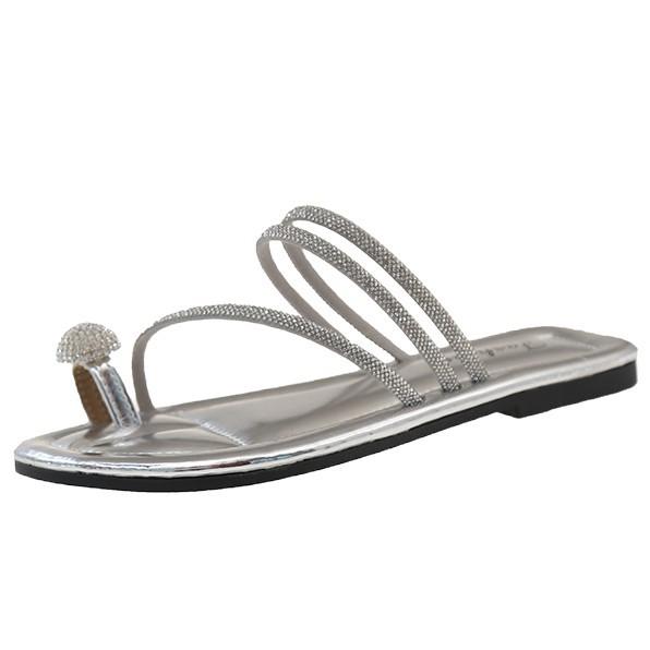 Flat-bottomed Cool Slippers Women's Summer Wear 2025 New Rhinestone Fairy Wind Soft Bottom Non-slip Toe Beach One-word Drag