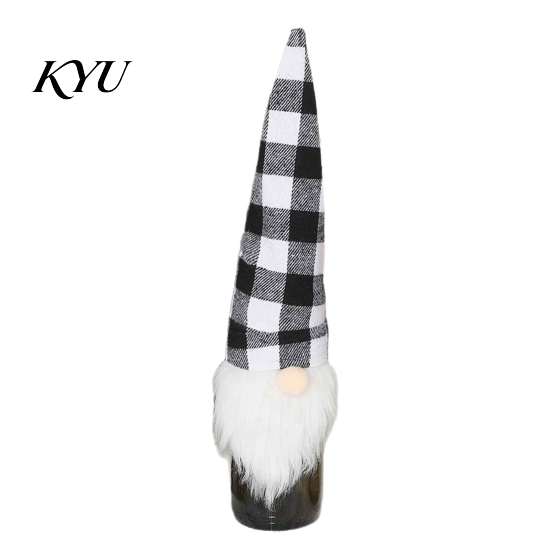 Holiday Home Gift Presentation Christmas Wine Bottle Cover, Fluffy Artificial Beards Decor, Plaid Gnome Seasonal Accessories Toppers for Table