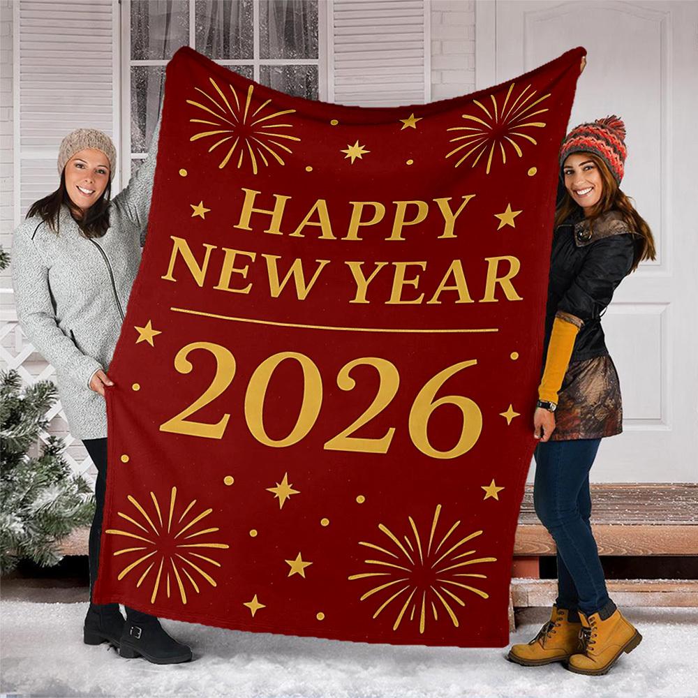1pc New Year 2026 Outdoor Flannel Blanket Soft All Season Polyester Throw , Perfect for Picnics & Travel , Picnic Accessory