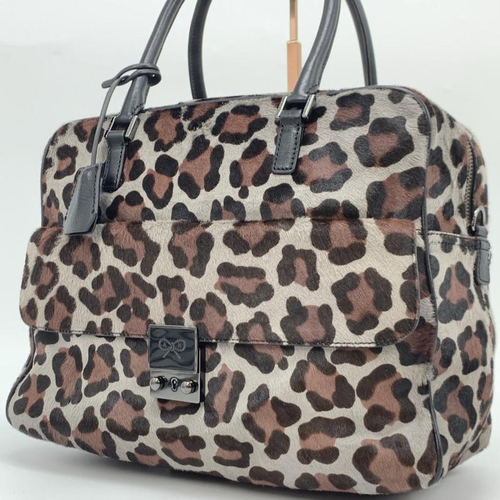 ANYA HINDMARCH Carker Unborn Calf Leopard Print Handbag Boston Bag Leather Grey Brand Tassel A4 Capacity Women's Logo Plate