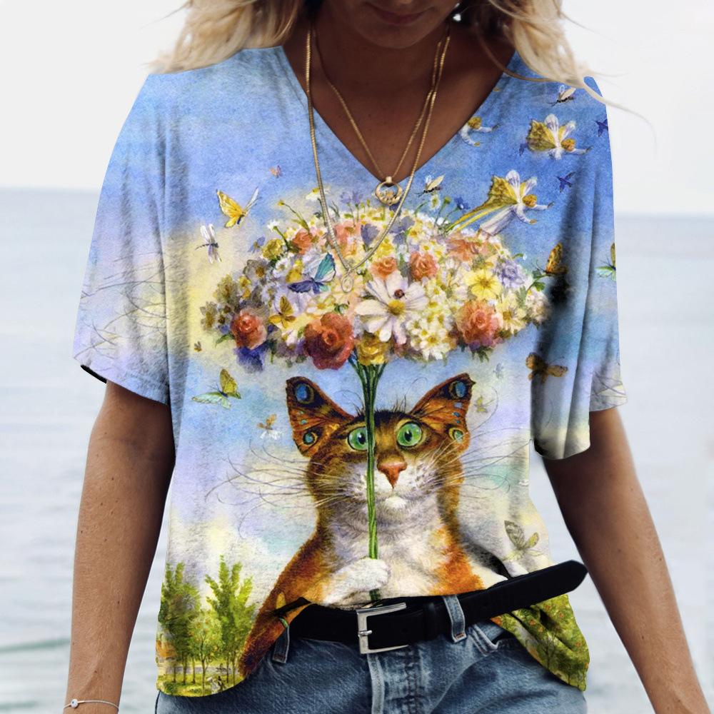 2025 Summer New 3D Cat Print Tee Loose Retro Women's V-neck Short Sleeved Street Style T-shirt Casual Top