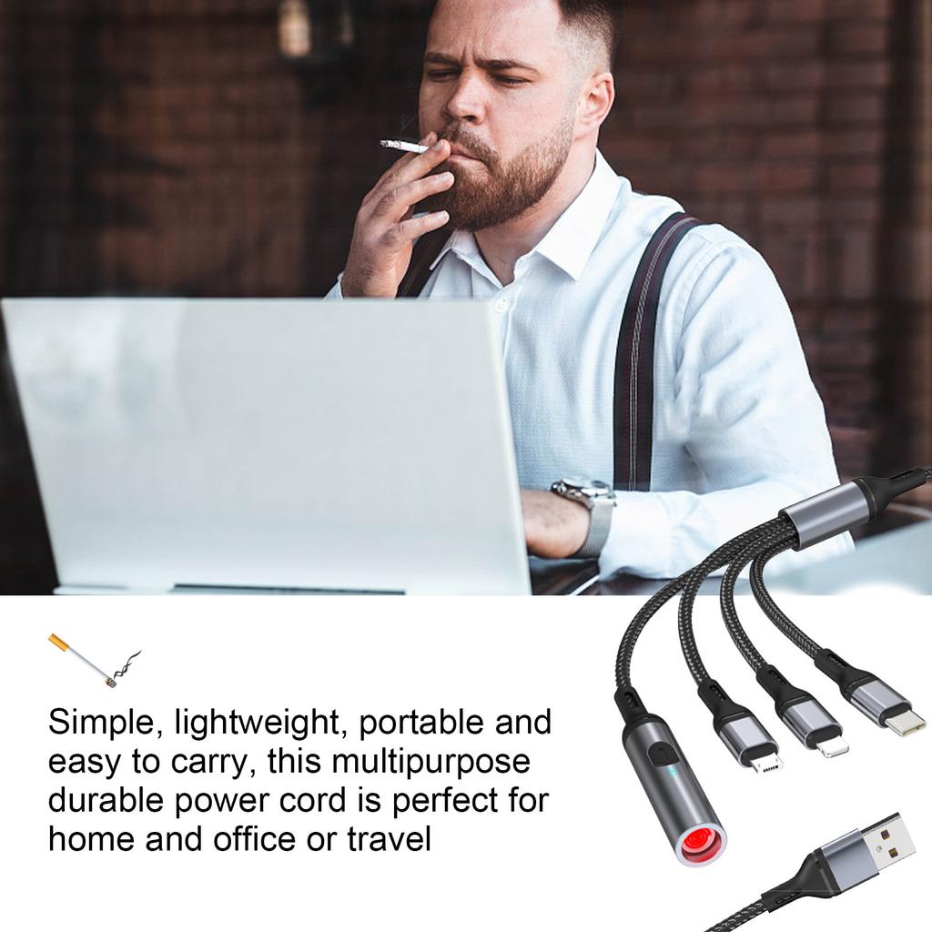 Universal 4 In 1 Multiple USB Cable Nylon Braided Fast Charging Cord Adapter With Cigars Lighter Type-CUSB Port Connectrs