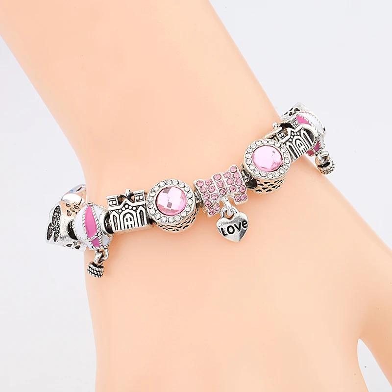 Pink Enamel Crystal Air Balloon Love Pendant Charm Bracelets for Women Girl Silver Plated Castle Minnie Bead Jewelry