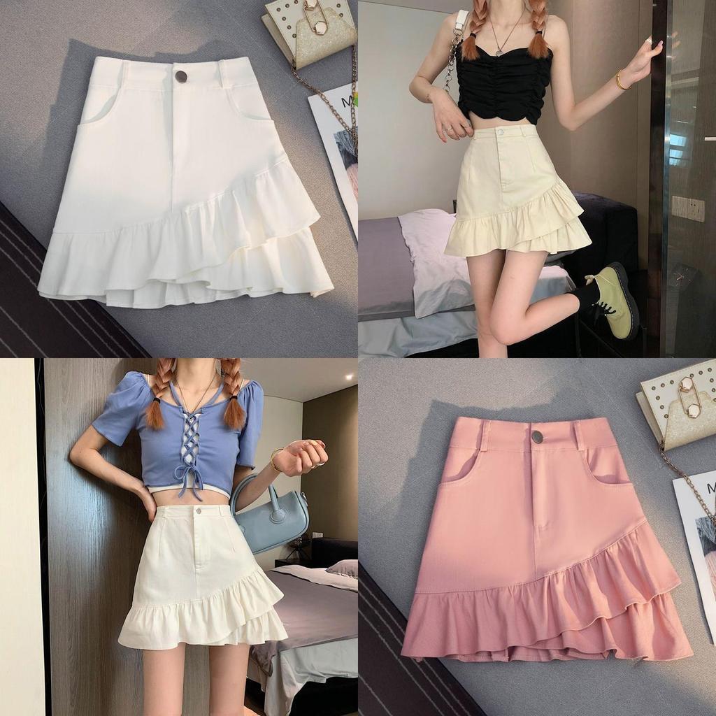 No Pattern Denim Mini Skirt With Ruffled Hem For Casual And Party Outfit