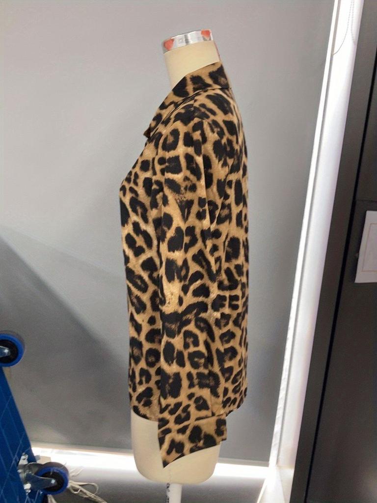 Cross-Border Women's Long-Sleeve Leopard Print Collar Shirt