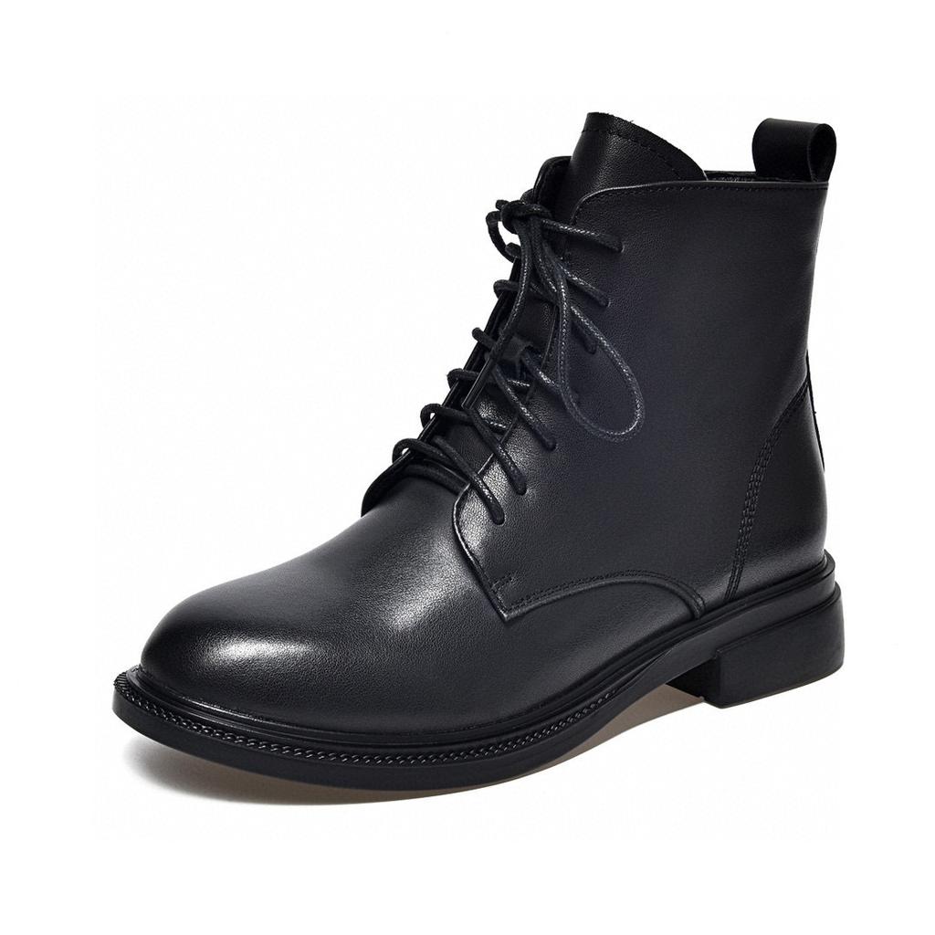 Round Head Leather Boots Martin Boots Women's Large Size First Layer Cowhide Comfortable Flat Bottom Short Boots Black Cotton Boots Women's Boots