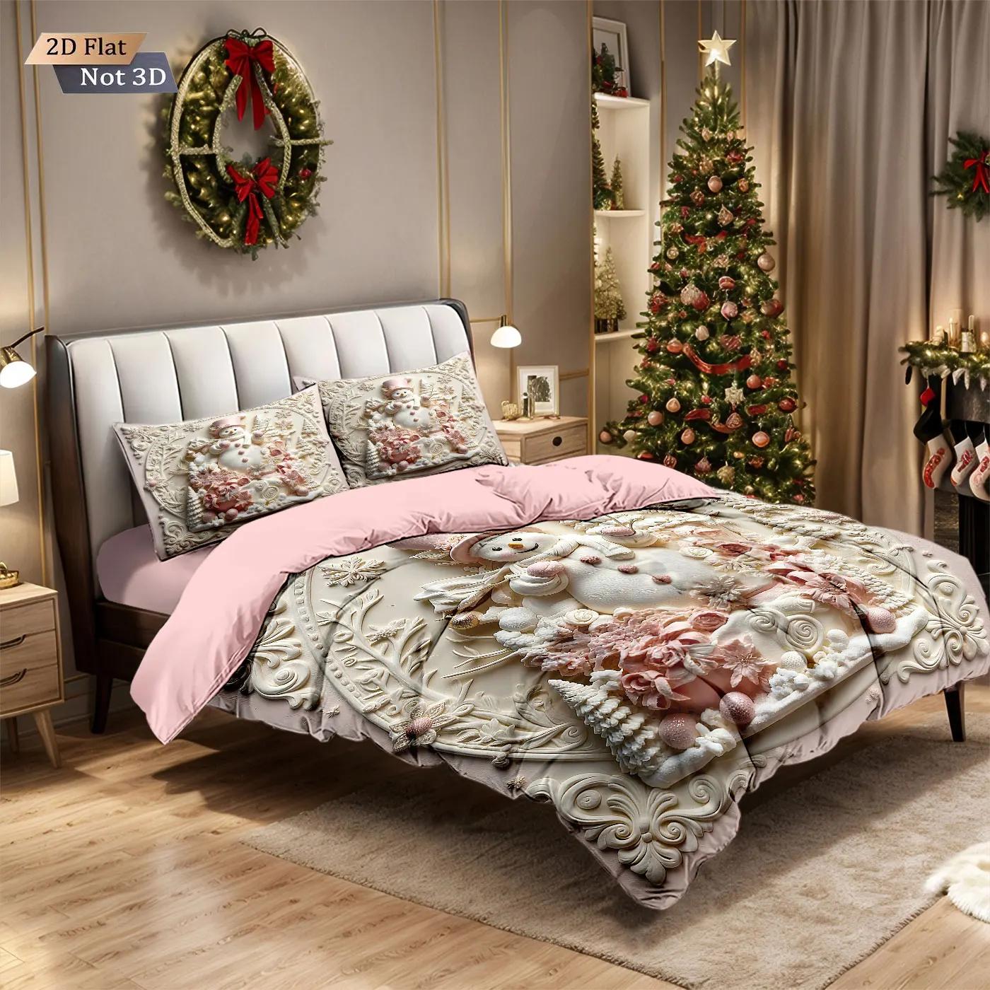 

3Pcs Imitation Relief Christmas Bedding Set Snowman Printed Duvet Cover Set Multi Size For Choosing Bedroom Decoration Duvet Cover Set&EU Single(135x200cm)