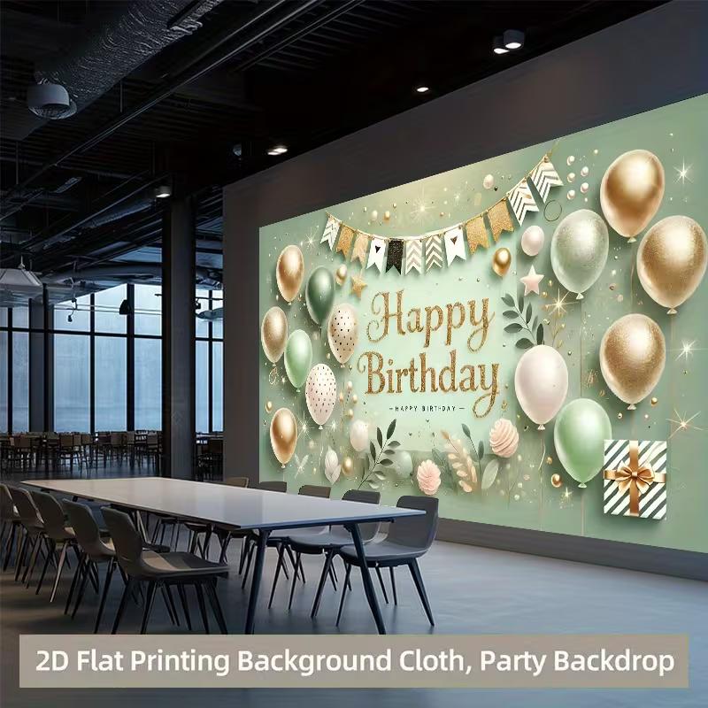 2D Sage Green Gold Happy Birthday Backdrop Banner, 8x6ft Party Background