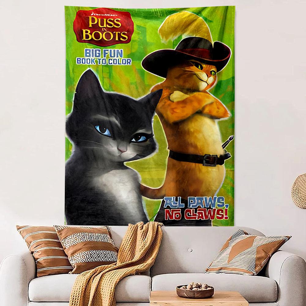 Puss in Boots Coloring Book Tapestry Wall Hanging, Big Fun Book Character Art, Playful Cartoon Wall Decor for Kids Bedroom