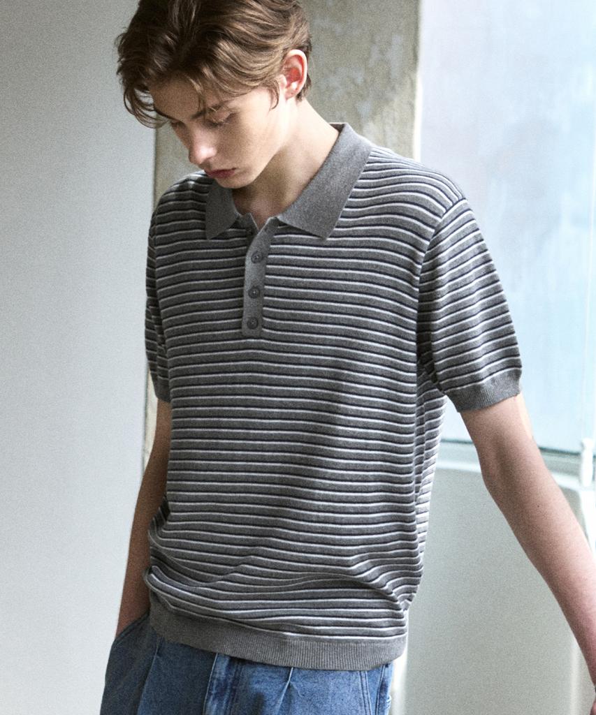 DRAW FIT Repose Striped Polo Knit [Melange Grey]