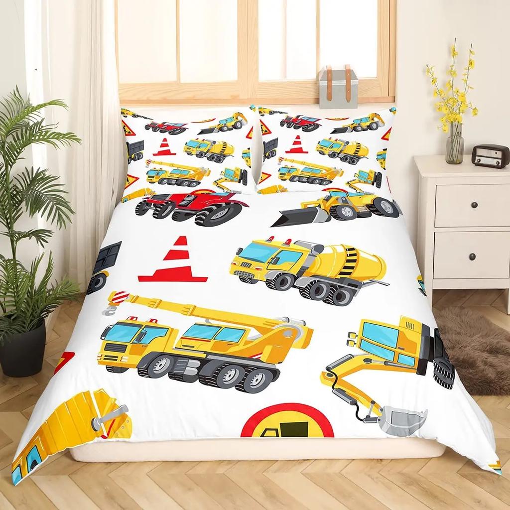 Conjunto de Roupa de Cama com Desenho de Escavadora e Trator de Construção 2/3 Peças King Amarelo Capa de Edredom Caminhão de Máquinas Capa de Colcha de Poliéster Carro para Crianças