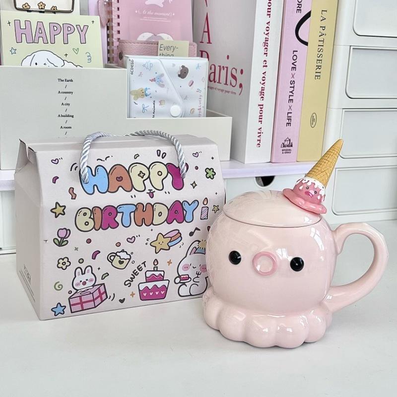 Give girls birthday gifts, high-value octopus ceramic cups, cute mugs with lids, girlfriends' souvenirs, gift boxes.