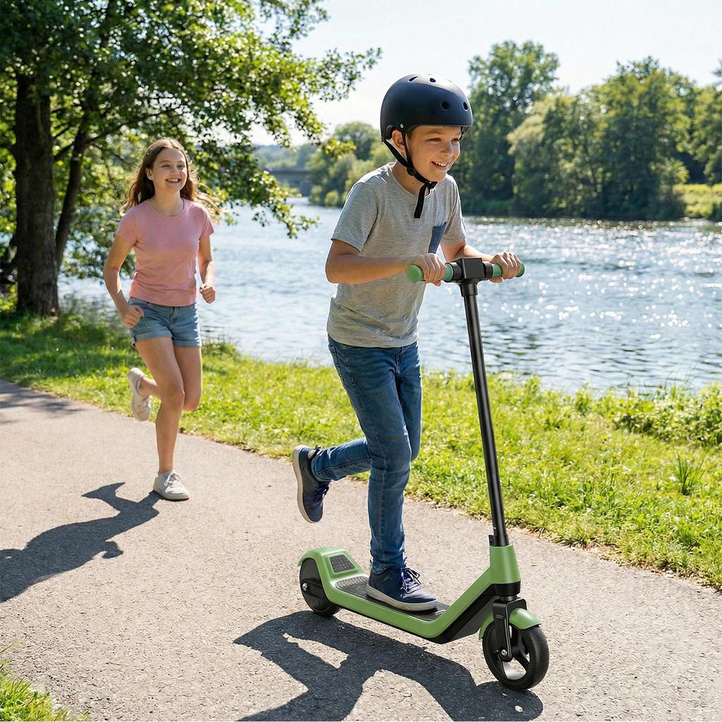 Dětská elektrická koloběžka Věk 8-12 let, Dojezd 16 km, Max. rychlost 16 km/h, 6,5" Ultra lehká elektrická koloběžka pro děti s barevným okolním osvětlením - Zelená