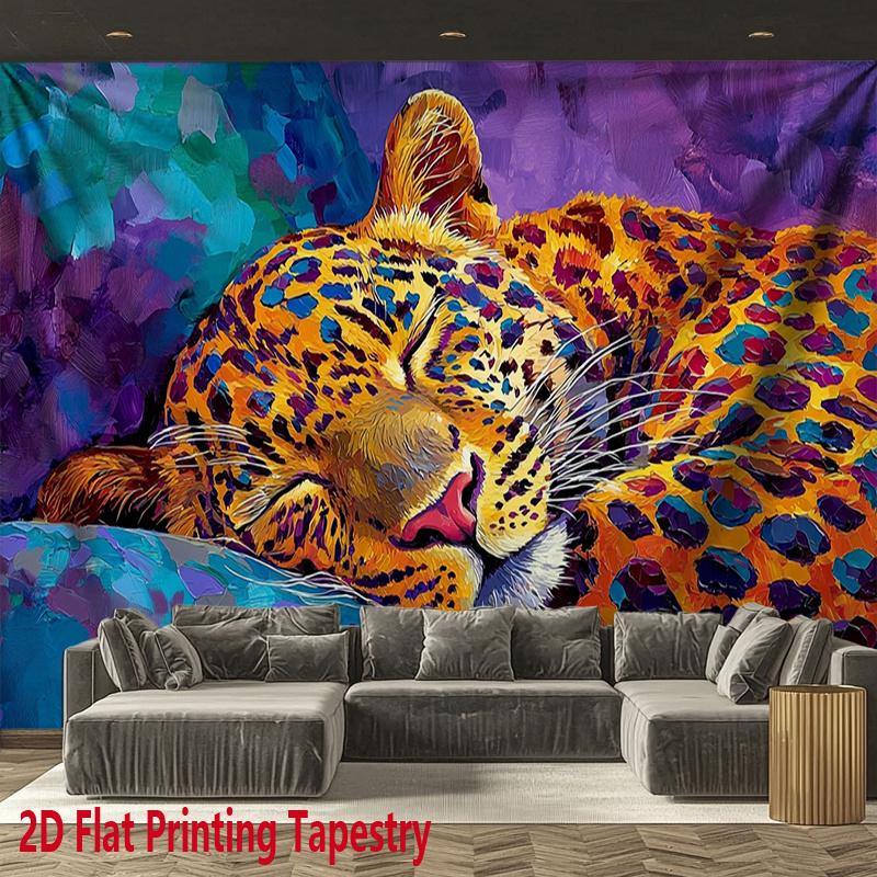 1Pcs Colorful Oil Painting Leopard Tapestry, Sleeping Leopard Wall Hanging, Aesthetic Room Decor Suitable Offices Bars Party