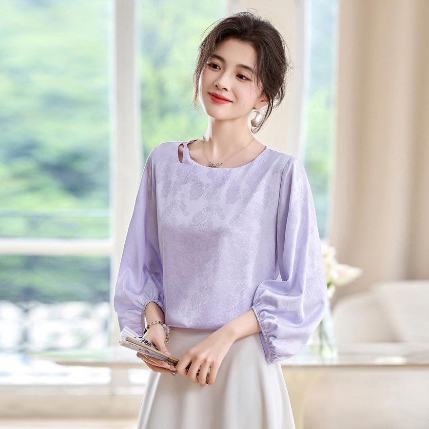 Summer stretch mulberry band silk jacquard shirt women's top mulberry silk shirt