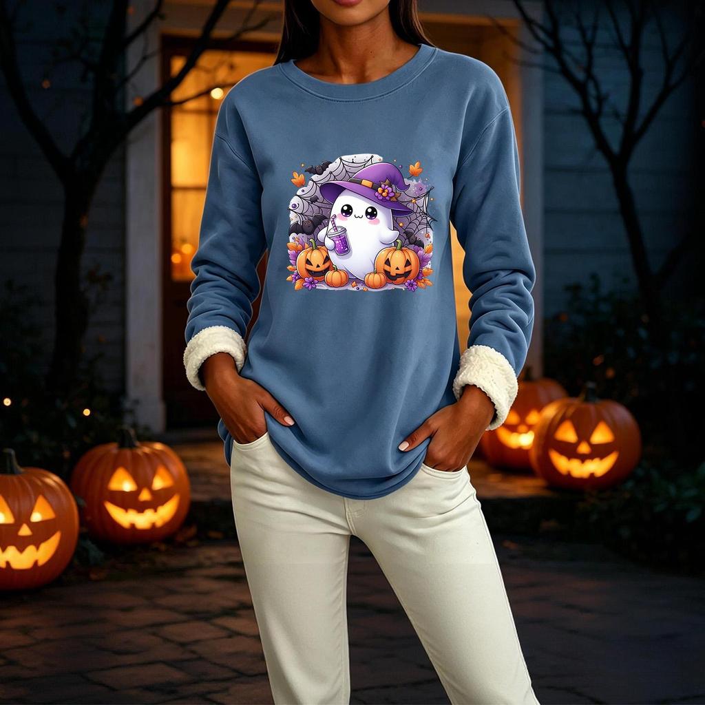 Women's Lined Round Neck Long Sleeve Halloween Print Casual Top for Winter