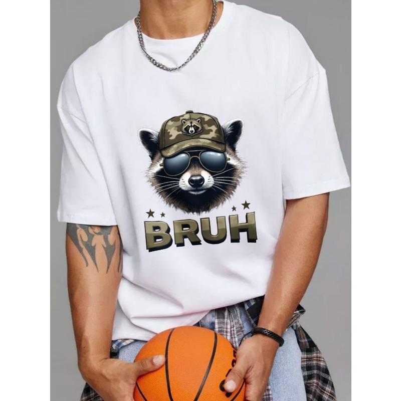 Crewneck T Shirt White Raccoon with Camo Hat and Sunglasses Bruh Text Graphic Print Casual Wear for Men and Women