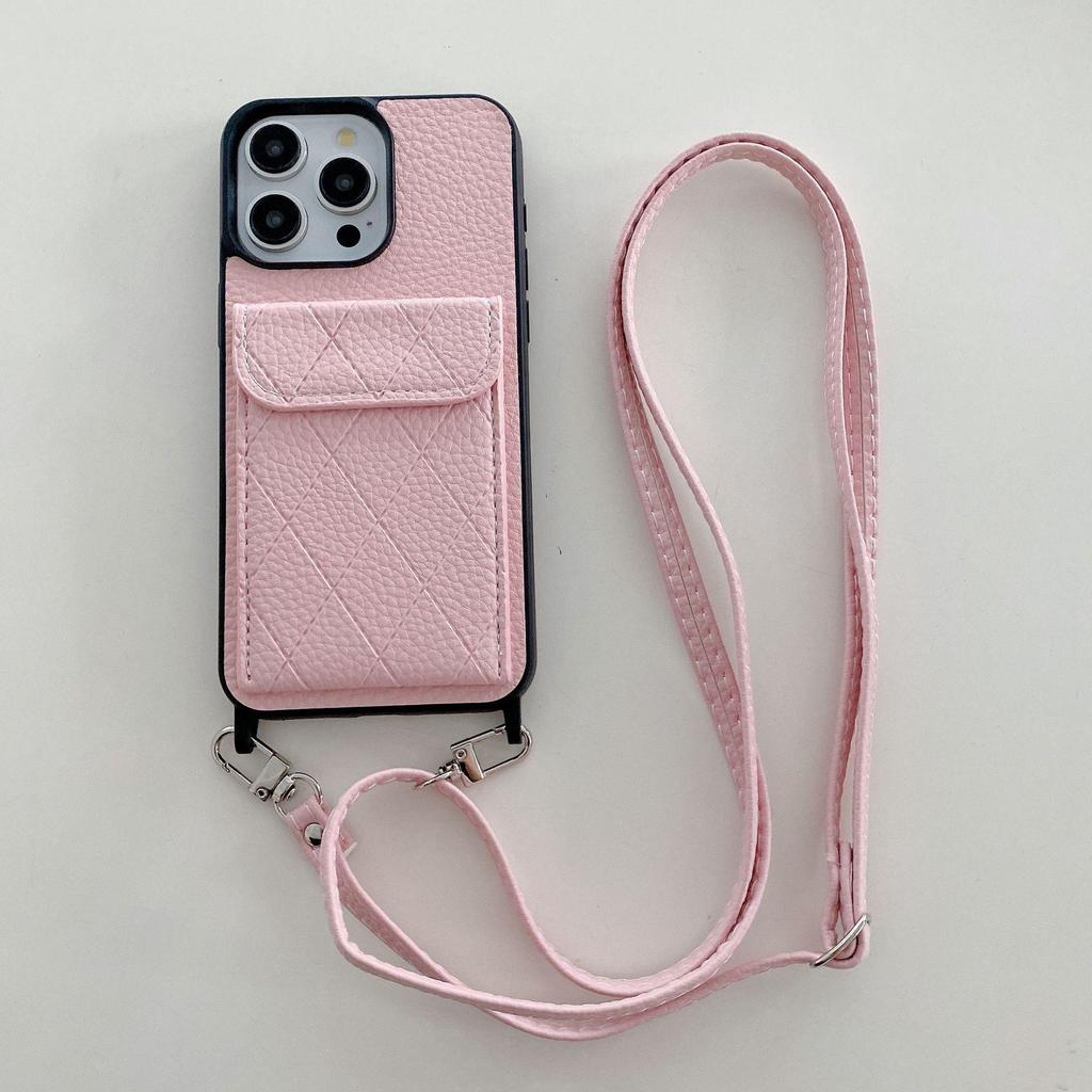 Lychee Pattern Crossbody Card Holder Case for iPhone 14 Pro Max, 15, and 16 Pro