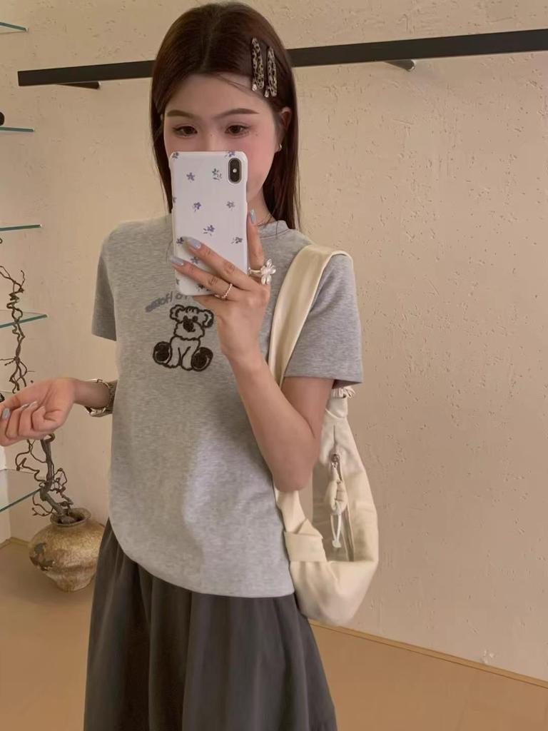 Spring/Summer 2025 Korean Cartoon Bear Embroidered Loose Short Sleeve T-Shirt for Women