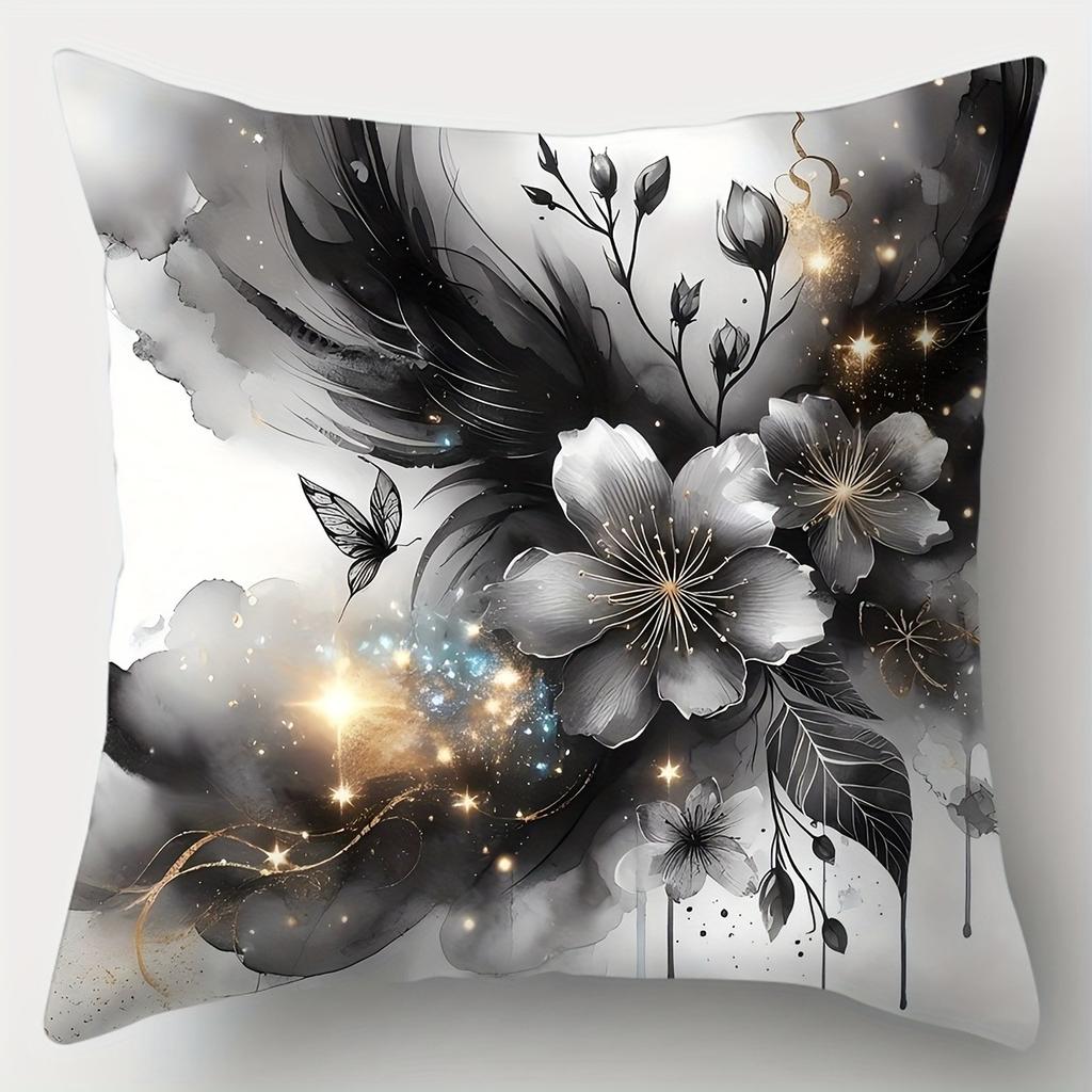 Black, White And Gold Luxurious Floral Pillowcase For Living Room Sofa Zippered Decorative Pillowcase Pillow Core Not Included