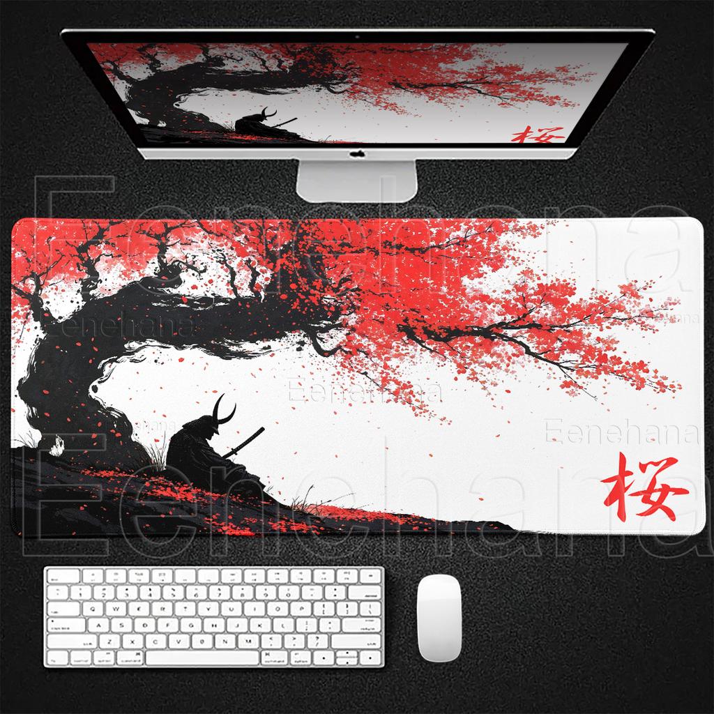 Samurai Anime Mauspads Sakura Landschaft Schreibtischunterlage Schwarz Weiß Gamer Tastatur Großes Mauspads PC Zubehör Gaming Laptop Teppich