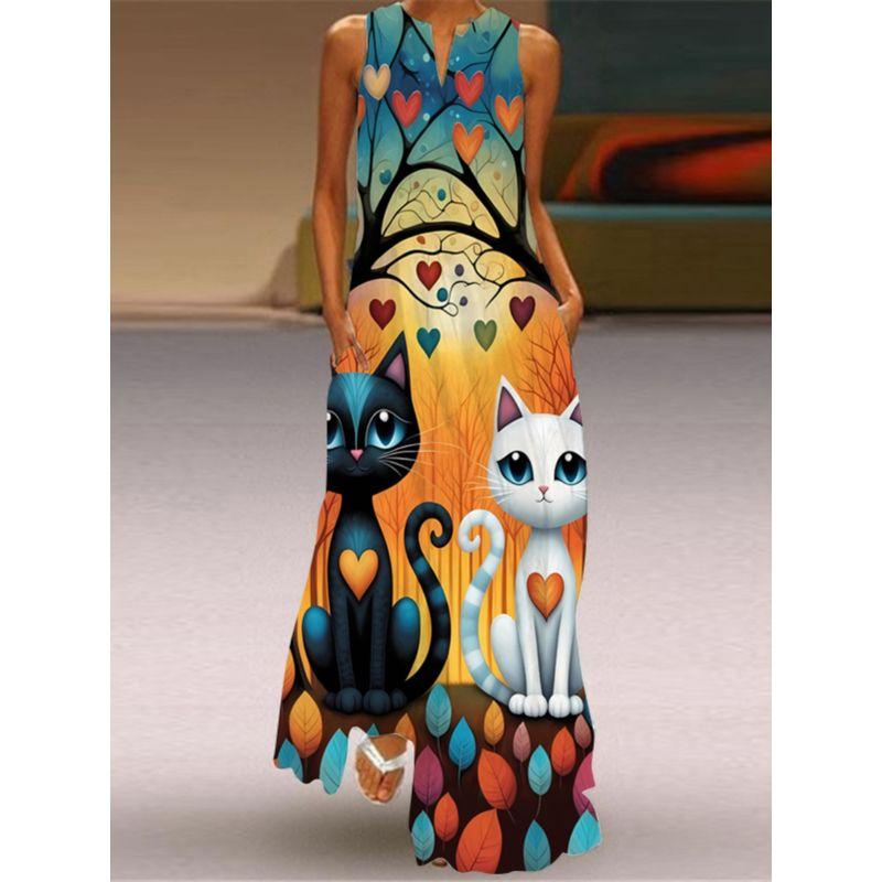 Plus Size Women's New Chinese Style 3D Peacock Dress Elegant All-Matching Sleeveless Vest Skirt Long Loose Floral Skirt