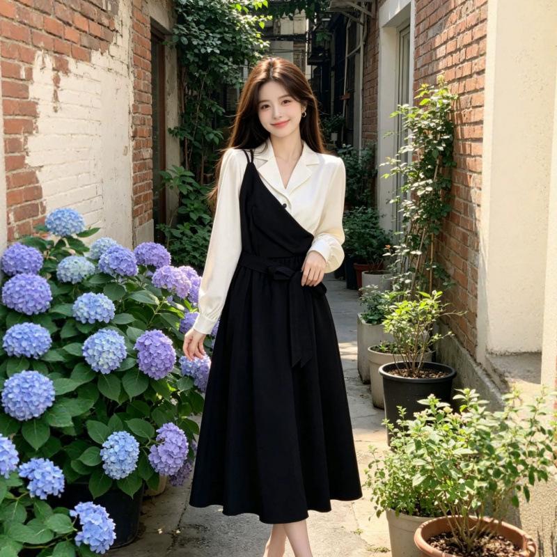 Splicing skirt children's French temperament fake two-piece suit dress women's large size light and familiar style