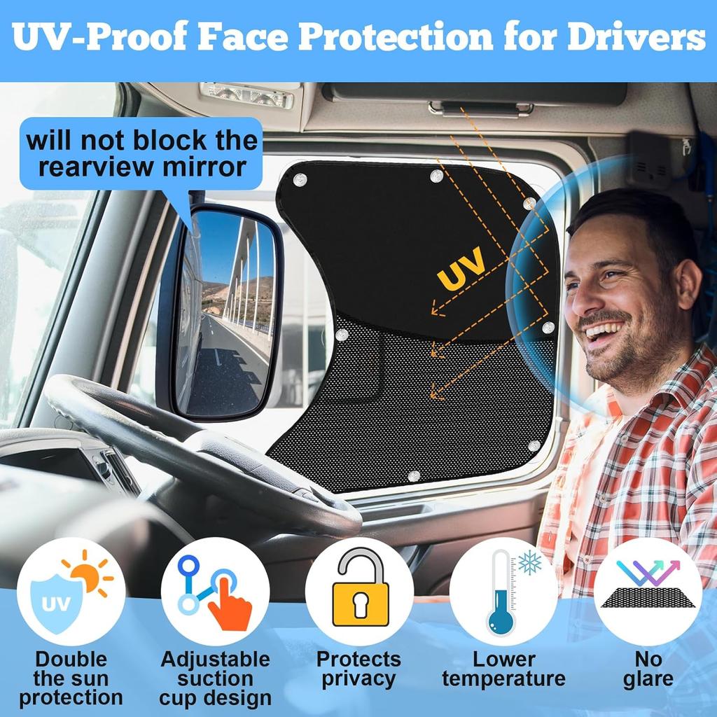 Upgraded 2PCS Side Window Sunshades For Semi Truck,Half Shade/Half See-Through Semi Truck Side Window Sun Blocker,UV Protection Semi Trucks Window