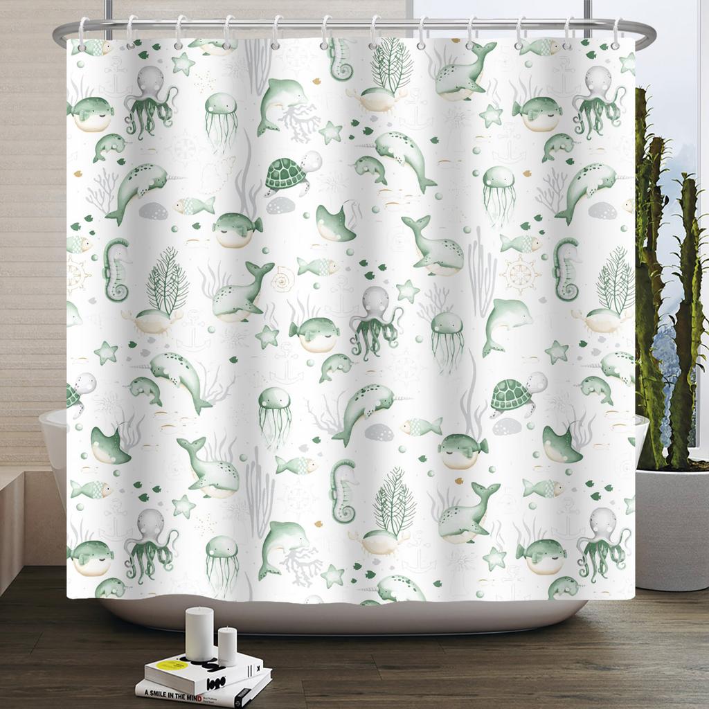 Sea Animals Shower Curtains Cute Dolphin Jellyfish Turtle Starfish Shell Coral Bathroom Bath Curtain Bathtub Privacy Partition