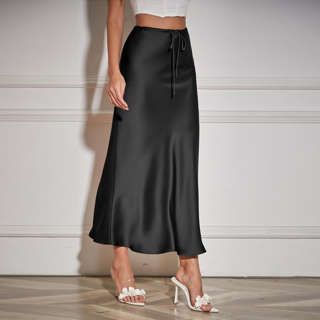 Waist Tie High Satin Drawstring Solid Color Halter Skirt