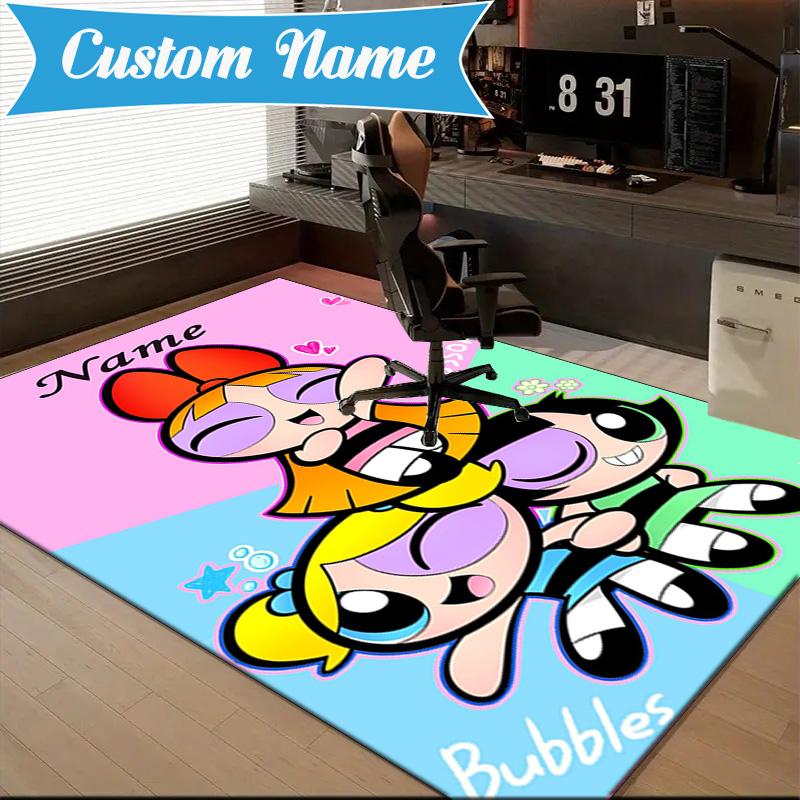 Benutzerdefinierter Name Powerpuff Abenteuer Teppich Spiel Teppich, Fußmatte für Schlafzimmer Wohnzimmer Eingangsbereich Teppich, Heimdeko Idee Geschenk für Weihnachten Geburtstag