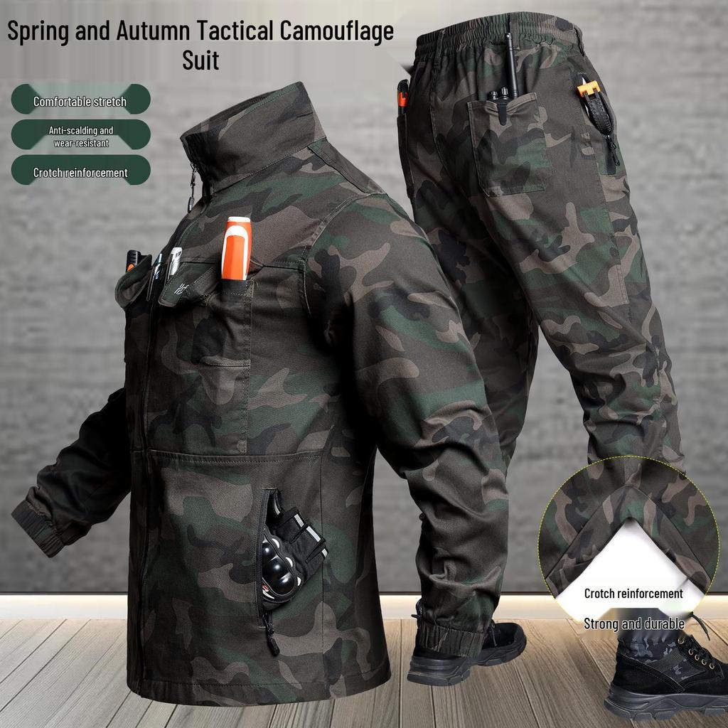 Men's Camouflage Workwear Set: Elastic, Anti-Scald, Wear-Resistant for Spring/Autumn - Ideal for Auto Repair & Welding.