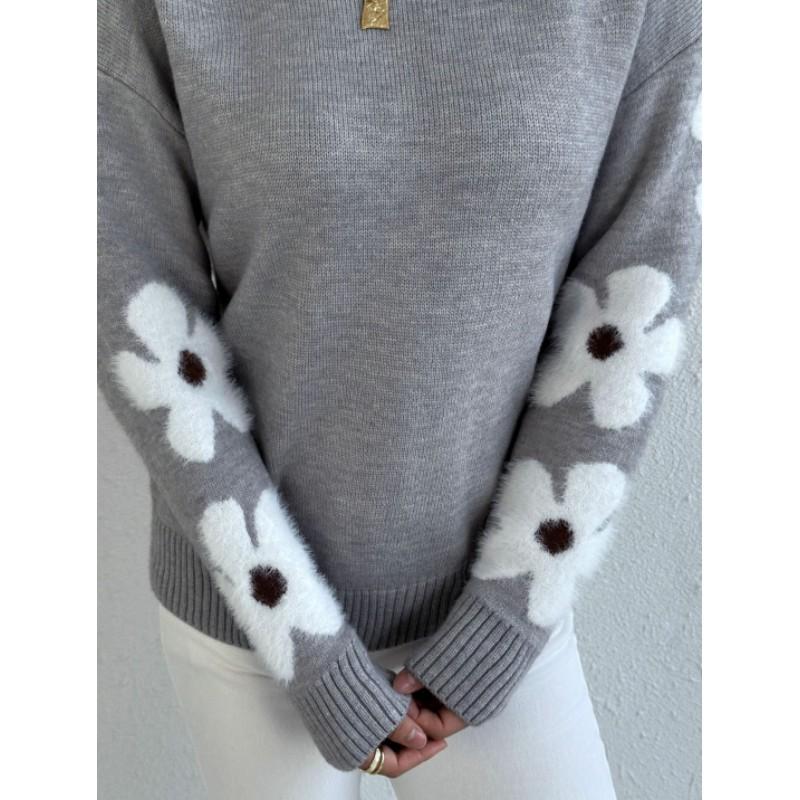 Women Autumn Winter Elegant Temperament Knitted Sweater Flower Jacquard Pullovers Tops