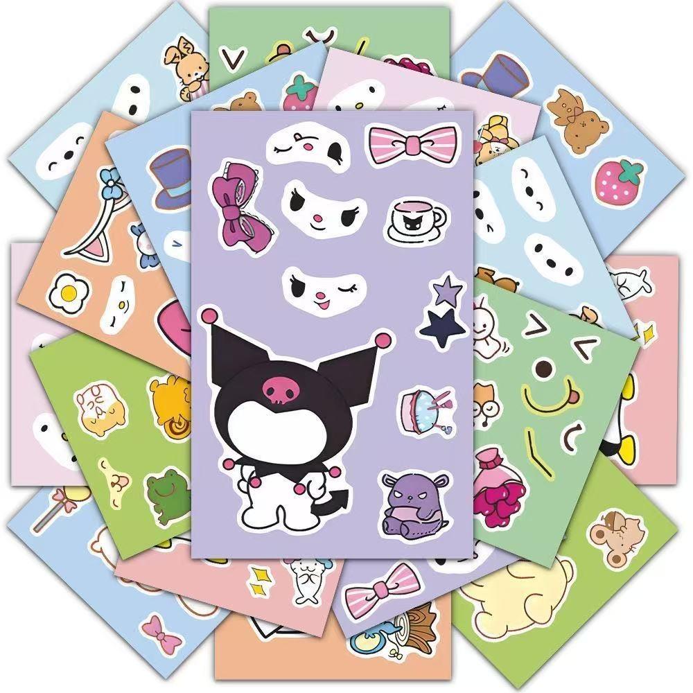 8 Sheets/Pack Sanrio Face Changing Stickers Cute Cartoon Make A Face Diy Puzzle Sticker Toy