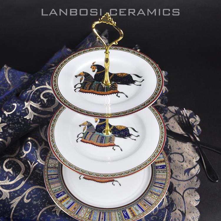 European Style Ceramic Double Layered Tray Fruit And Candy Plate Afternoon Tea Cake Stand Three Tier Dessert Holder Serving Tray