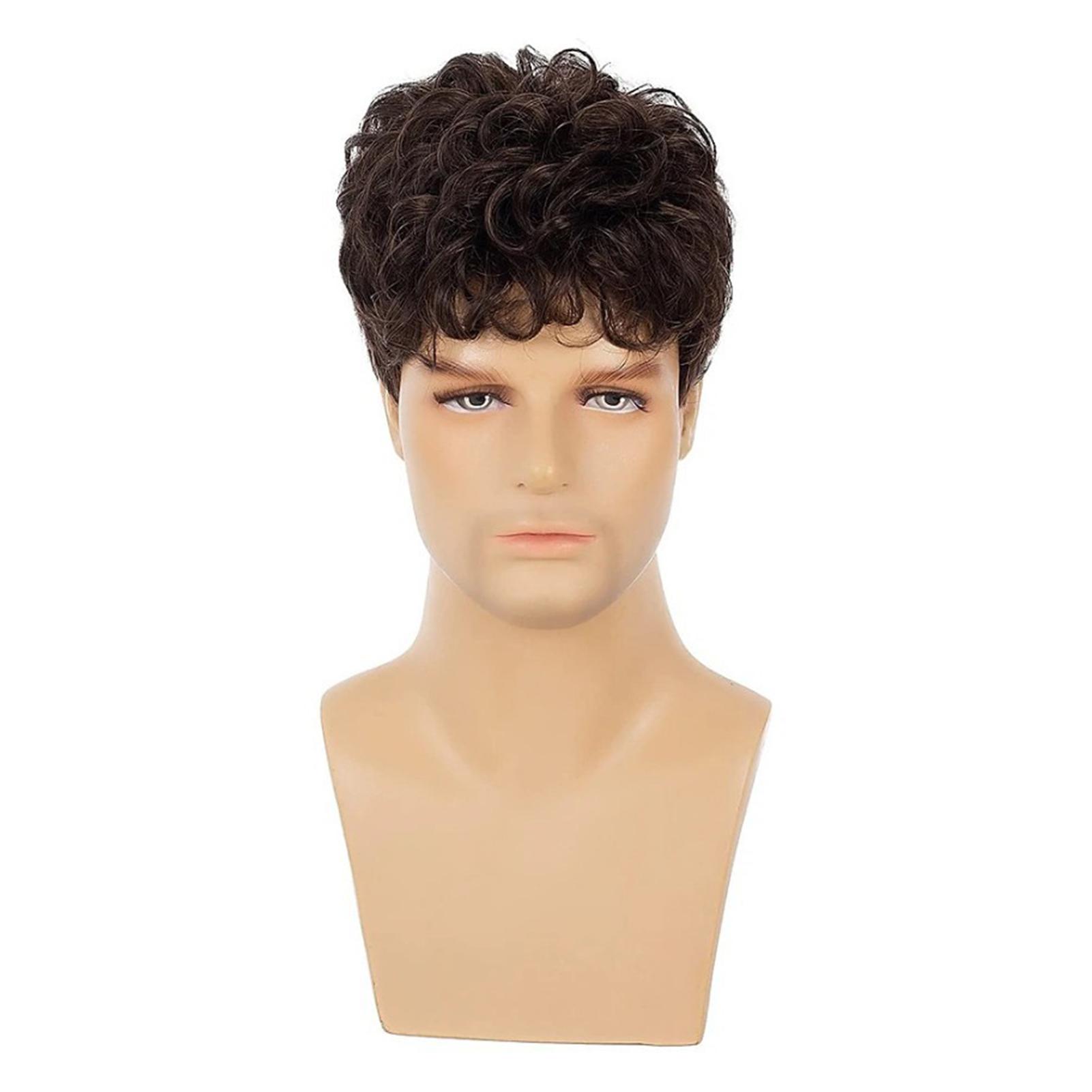 Mens Short Brown Curly Wig Natural Breathable Fluffy Synthetic Fake Hair Replacement For Boys Daily Use Hair Styling Entire Wig
