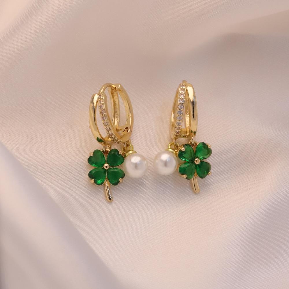1 Pair Fashion Colorful Four-leaf Clover Zirconia with Imitation Pearls Dangle Earrings for Women Golden Earring Jewelry Wedding Party Accessories
