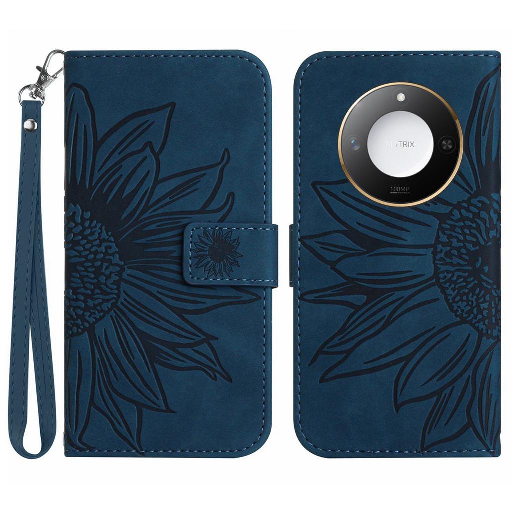 For Honor X9c Smart 5G Case Sunflower Imprint Leather Wallet Phone Cover with Wrist Strap