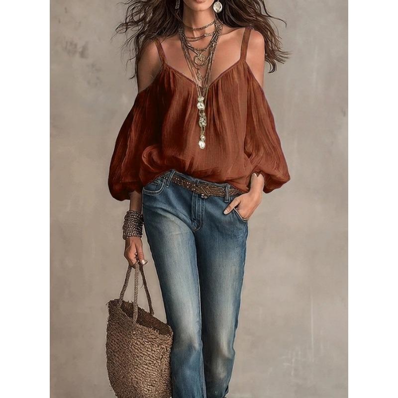 Camicia Casual da Donna a Maniche Lunghe a Bolla, Scollo a V, Colore Unito, per Vacanze