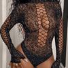 Women Rhinestones Fishnet 3/4 Sleeve Bodysuit Sparkling Mesh Cold Shoulder Lingerie Jumpsuit Top Rave Party Outfits