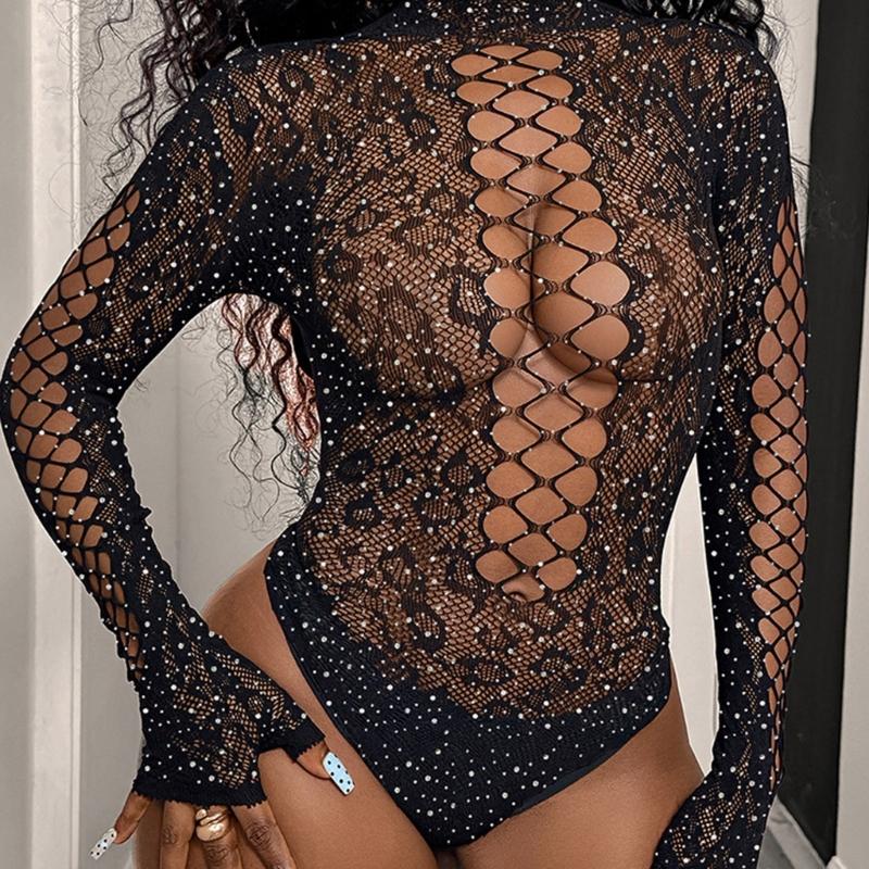 Women Rhinestones Fishnet 3/4 Sleeve Bodysuit Sparkling Mesh Cold Shoulder Lingerie Jumpsuit Top Rave Party Outfits